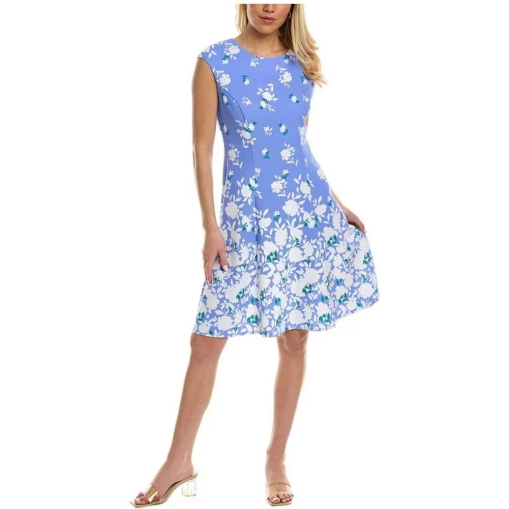 London Times Women's Crewneck Sleeveless A-line Dress ~ Blue Green White